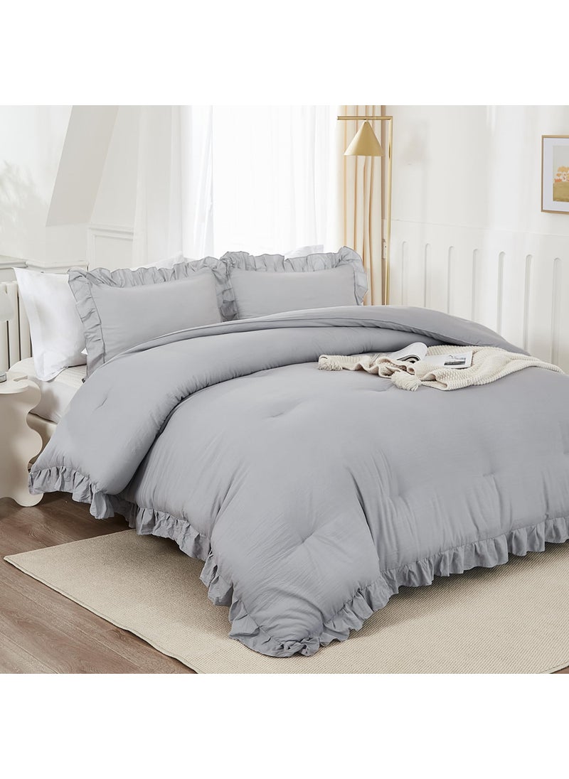 Andency Andency Silver Gray Comforter Set King  3 Pieces Farmhouse Shabby Chic Ruffle Comforter  Lightweight Fluffy Soft Microfiber All Season Solid Bed Comforter Set (1 Ruffle Comforter & 2 Pillowcases)  - Image 1