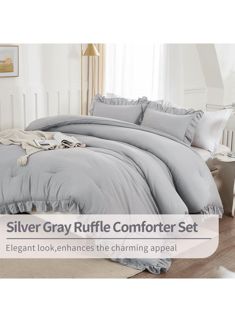Andency Andency Silver Gray Comforter Set King  3 Pieces Farmhouse Shabby Chic Ruffle Comforter  Lightweight Fluffy Soft Microfiber All Season Solid Bed Comforter Set (1 Ruffle Comforter & 2 Pillowcases)  - Image 3