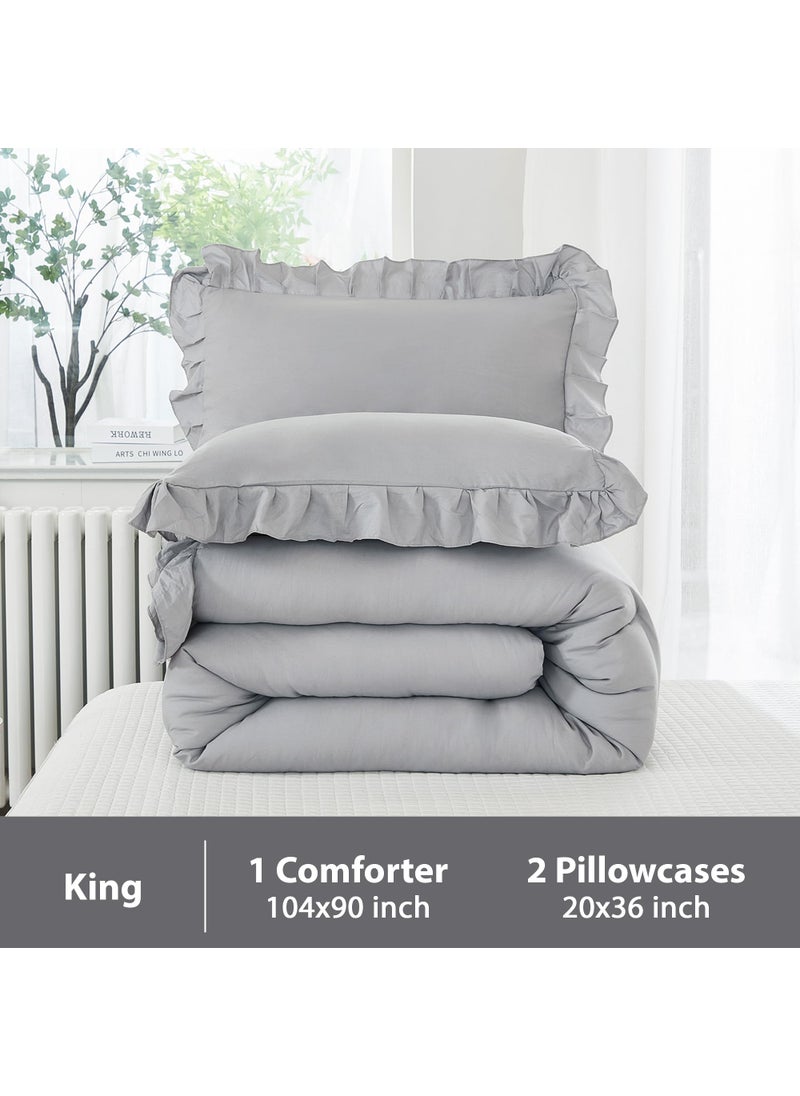 Andency Andency Silver Gray Comforter Set King  3 Pieces Farmhouse Shabby Chic Ruffle Comforter  Lightweight Fluffy Soft Microfiber All Season Solid Bed Comforter Set (1 Ruffle Comforter & 2 Pillowcases)  - Image 5