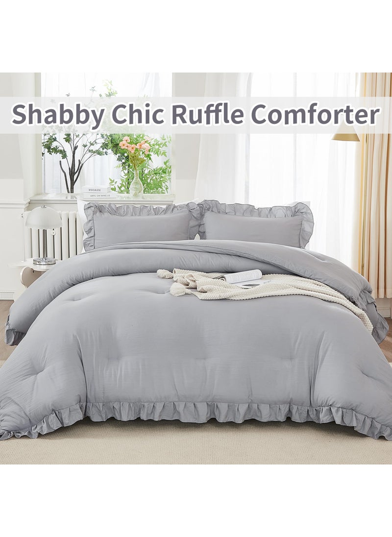 Andency Andency Silver Gray Comforter Set King  3 Pieces Farmhouse Shabby Chic Ruffle Comforter  Lightweight Fluffy Soft Microfiber All Season Solid Bed Comforter Set (1 Ruffle Comforter & 2 Pillowcases)  - Image 2