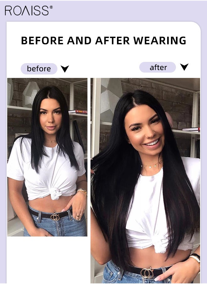 roaiss Hair Extensions with 5 Clips, Invisible Adjustable Straight Synthetic Heat Resistant Fluffy Hairpiece for Women to Increase Instant Length and Volume, Black, 56cm (22 inch)  - Image 2