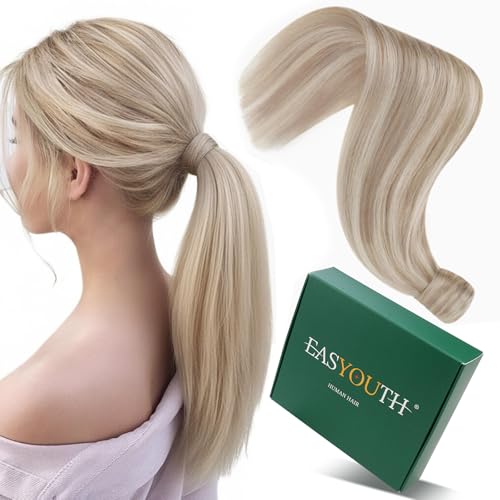 Easyouth Pony Tails Hair Extensions Human Hair Blonde 20 Inch Human Hair Ponytail Extension Blonde and Ash Blonde Highlight Ponytail Hair Extensions Straight Long Natural Hair for Wedding 80G - Image 2