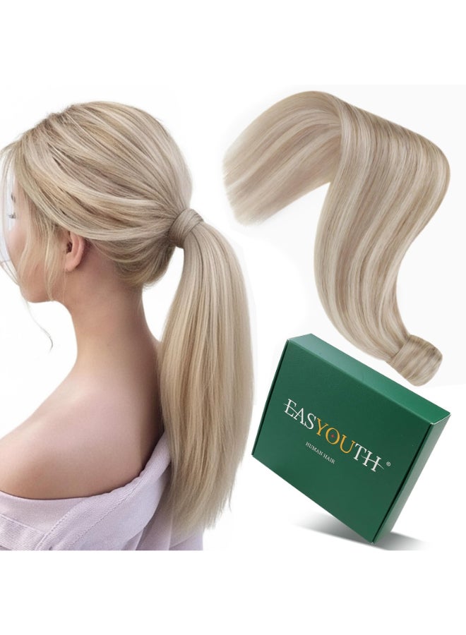 Easyouth Pony Tails Hair Extensions Human Hair Blonde 20 Inch Human Hair Ponytail Extension Blonde and Ash Blonde Highlight Ponytail Hair Extensions Straight Long Natural Hair for Wedding 80G - Image 3
