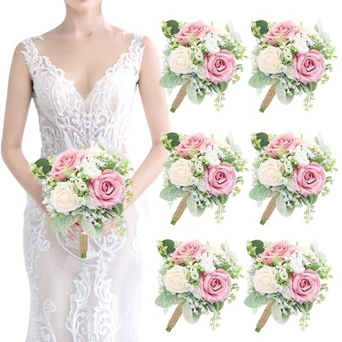 SEMONONIA Pink Bridesmaids Bouquets Set of 6 - 7 Inch Artificial Flowers Bridesmaid Bouquet for Wedding Pre-Made Rustic Rose Small Floral Bouquets for Bridal Shower Marriage Proposal Party Anniversary Decor - Image 1