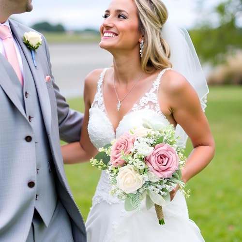 SEMONONIA Pink Bridesmaids Bouquets Set of 6 - 7 Inch Artificial Flowers Bridesmaid Bouquet for Wedding Pre-Made Rustic Rose Small Floral Bouquets for Bridal Shower Marriage Proposal Party Anniversary Decor - Image 5