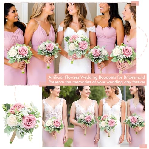SEMONONIA Pink Bridesmaids Bouquets Set of 6 - 7 Inch Artificial Flowers Bridesmaid Bouquet for Wedding Pre-Made Rustic Rose Small Floral Bouquets for Bridal Shower Marriage Proposal Party Anniversary Decor - Image 2