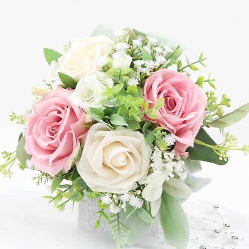 SEMONONIA Pink Bridesmaids Bouquets Set of 6 - 7 Inch Artificial Flowers Bridesmaid Bouquet for Wedding Pre-Made Rustic Rose Small Floral Bouquets for Bridal Shower Marriage Proposal Party Anniversary Decor - Image 3