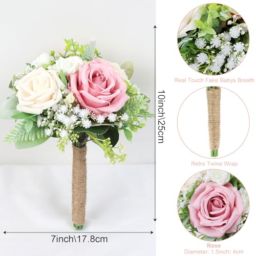 SEMONONIA Pink Bridesmaids Bouquets Set of 6 - 7 Inch Artificial Flowers Bridesmaid Bouquet for Wedding Pre-Made Rustic Rose Small Floral Bouquets for Bridal Shower Marriage Proposal Party Anniversary Decor - Image 4