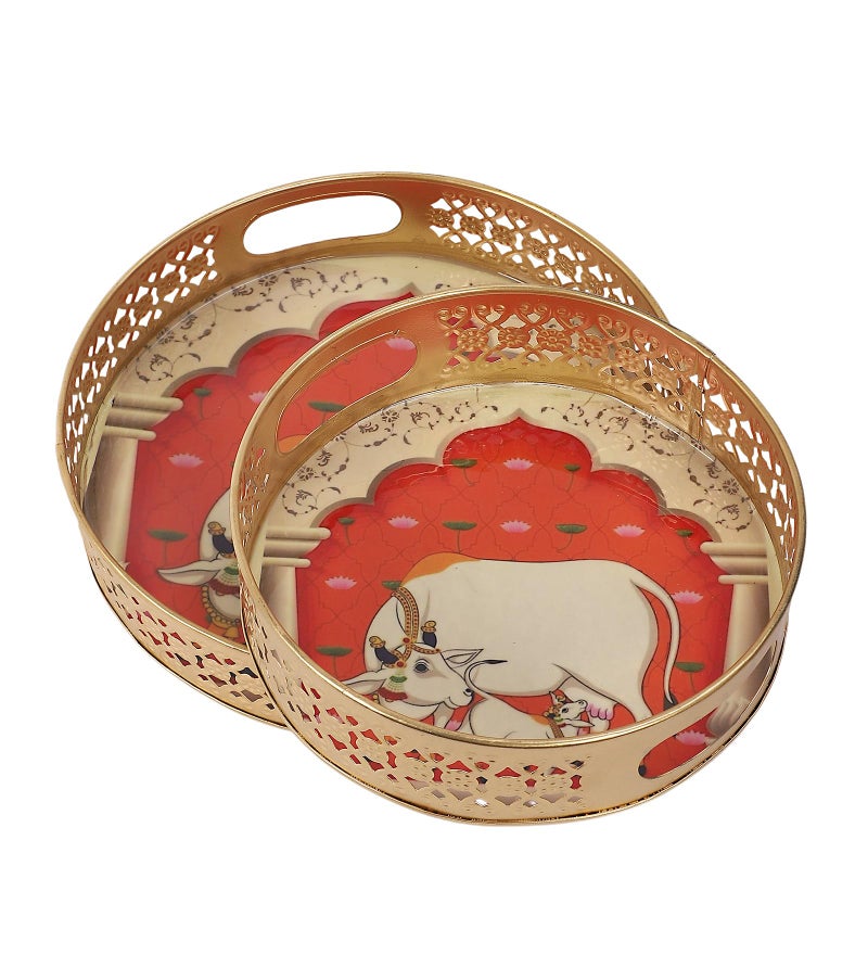 Two Moustaches Kamdhenu Cow & Calf in Darbar Design Serving Trays Set (8 Inches & 10 Inches), Serving Plates for Home, Platters for Tea/Coffee/Snacks, Decorative Pichwai Tray, Multicolored, Pack of 2 - Image 2