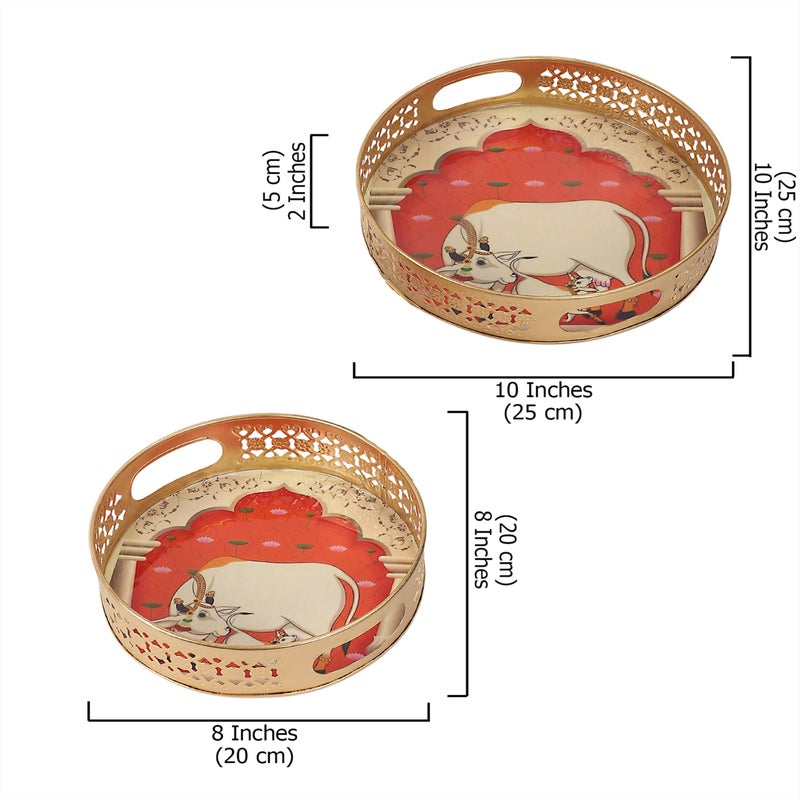 Two Moustaches Kamdhenu Cow & Calf in Darbar Design Serving Trays Set (8 Inches & 10 Inches), Serving Plates for Home, Platters for Tea/Coffee/Snacks, Decorative Pichwai Tray, Multicolored, Pack of 2 - Image 5