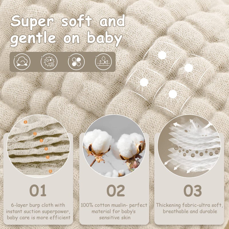 Looxii Muslin Burp Cloths 6 Pack - 20" x 10" - Ultra Soft & Absorbent, 6-Layer 100% Cotton for Spit Up & Drool- Gentle Neutral Burping Cloths, Baby Newborn Essentials Gifts for Boys Girls, Apricot - Image 2
