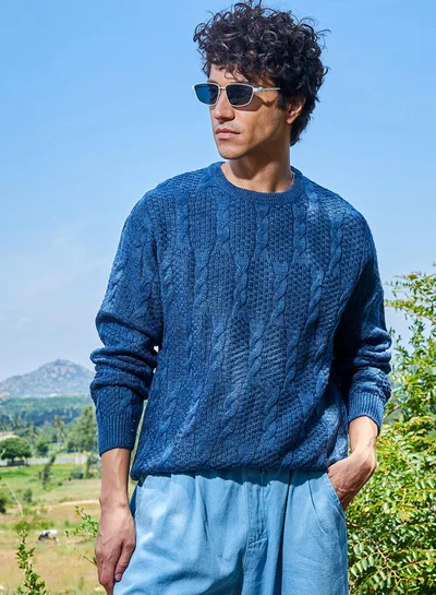 Campus Sutra Men's Blue Textured Knit Pullover Sweater
