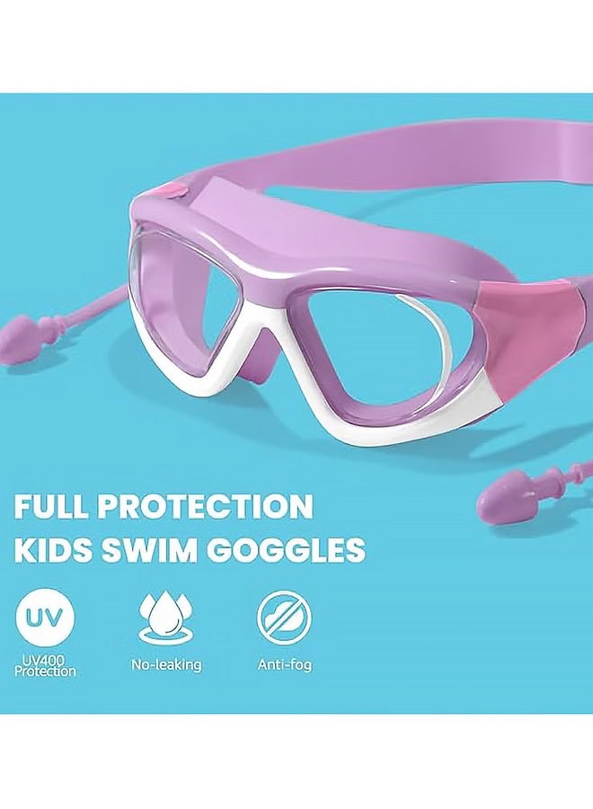 MXN Swim Goggles, Convenient Goggles Silicone Connected Earplugs, Anti Fog Large Frame Swimming Goggles For Kids 4-12 (Purple) - Image 3