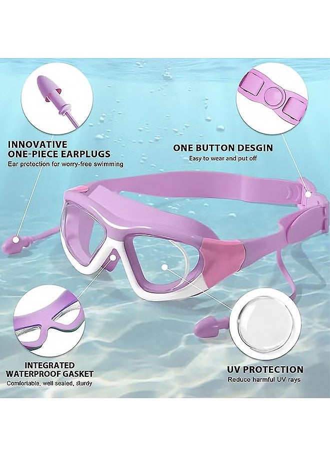 MXN Swim Goggles, Convenient Goggles Silicone Connected Earplugs, Anti Fog Large Frame Swimming Goggles For Kids 4-12 (Purple) - Image 2