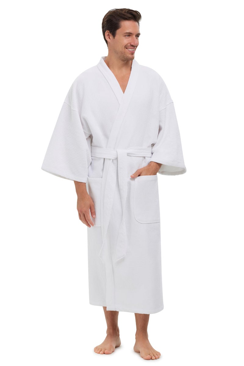 MONARCH Diamond Waffle Spa Kimono Robe Soft Light Hotel Bathrobe Cypress Large White