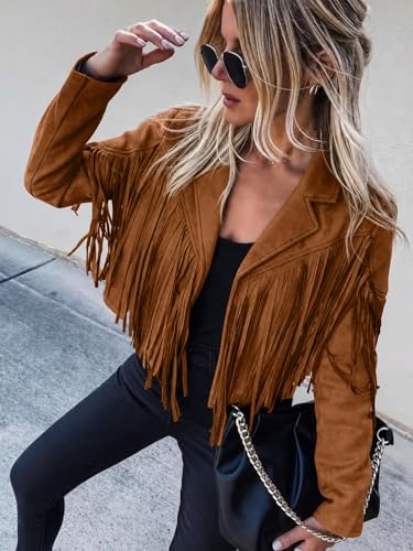 Bibowa Faux Leather Jackets For Women Trendy Cowgirl Outfits Fall Western Fringe Cropped Jacket 2025 Tassel Motorcycle Crop Coats Winter Tan M - Image 3
