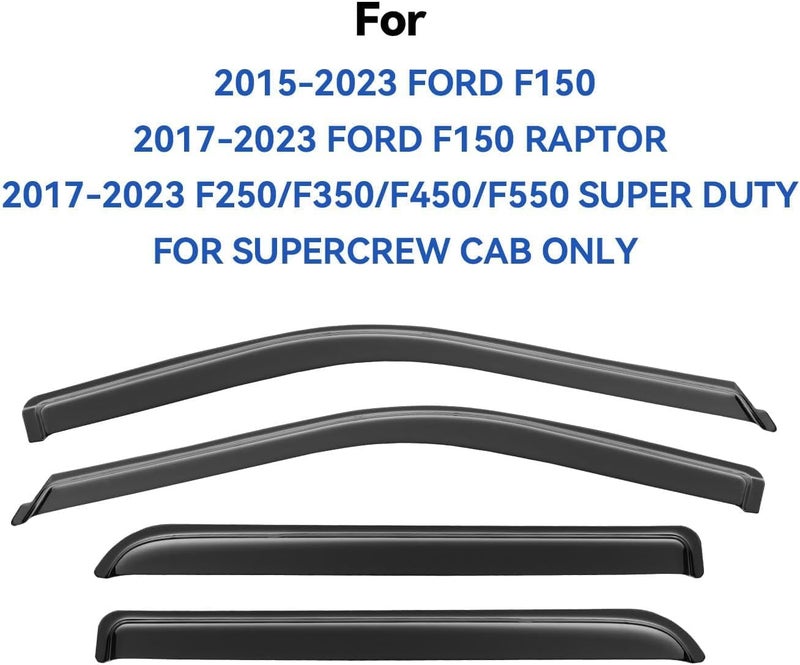 YQAUTEC Window Visors Rain Guards for 2015-2025 Ford F150 SuperCrew, Out-Channel Sun Rain Shades Window Vent Deflectors for 2017-2025 F-150 Raptor F250 F350 F450 F550 Super Duty Crew Cab, for Full-Size Cabs - Image 3
