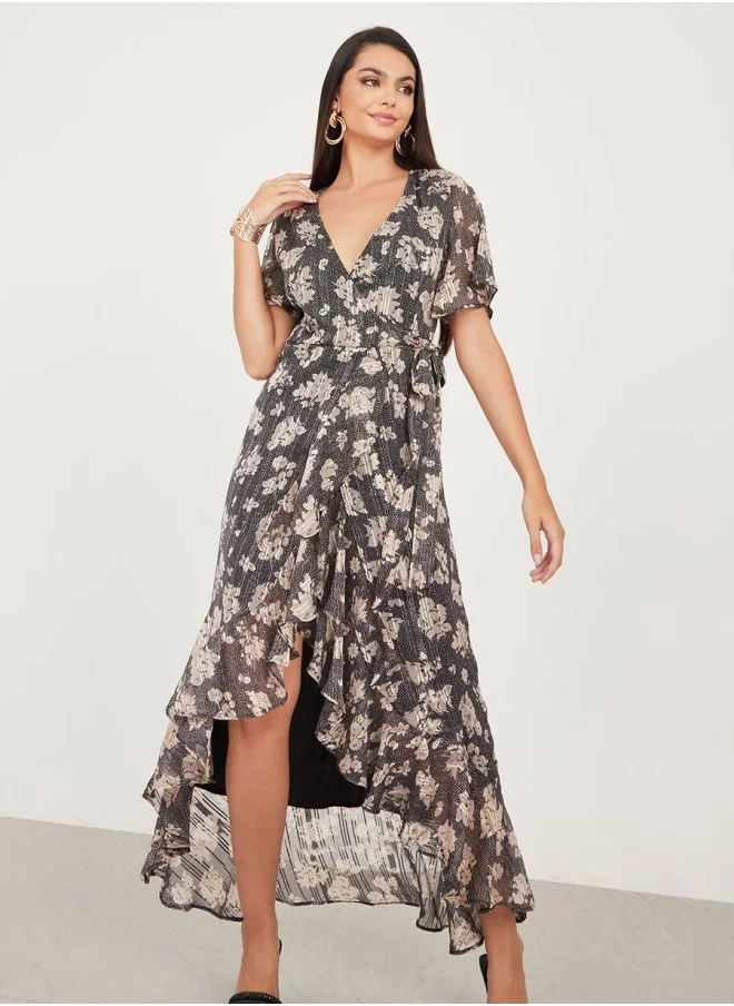 Styli Ruffle Hem Floral Print Wrap Maxi Dress