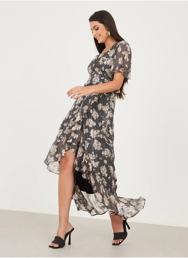 Styli Ruffle Hem Floral Print Wrap Maxi Dress