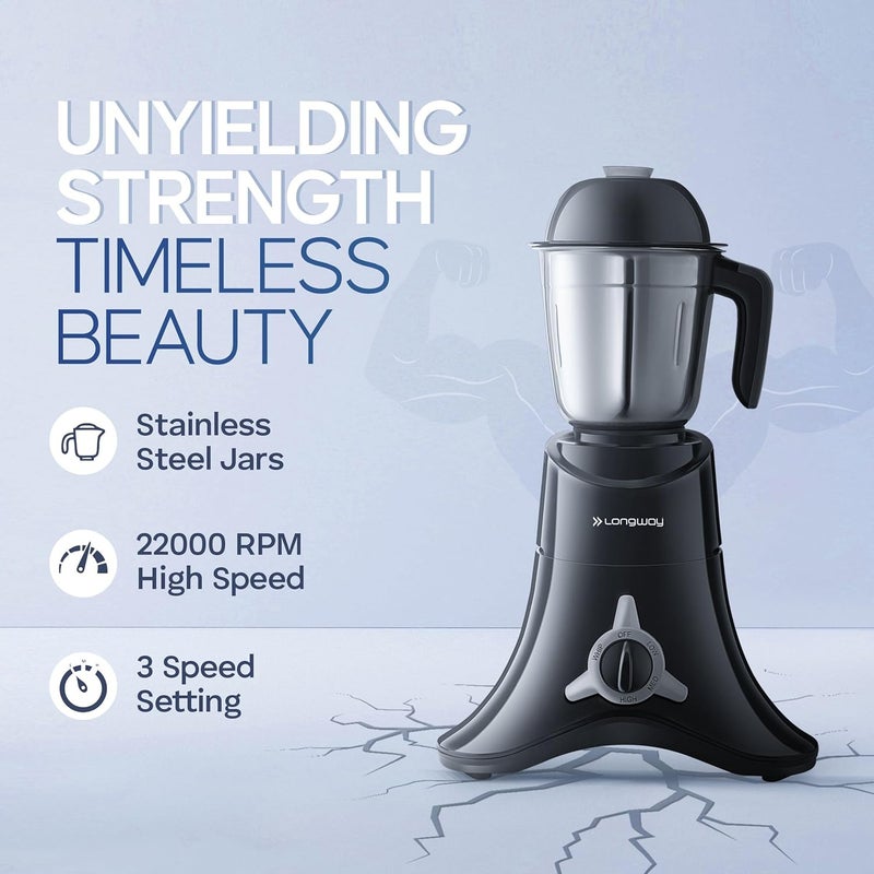 Longway Orion 900 Mixer Grinder with 4 Unbreakable Jars (Powerful Motor) with 1 Year warranty - Black & Silver - Image 3