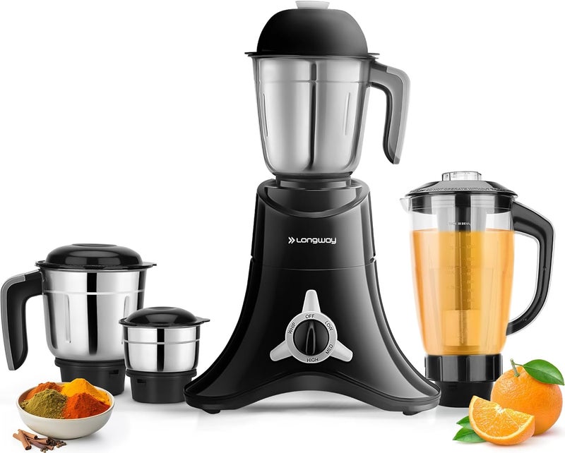 Longway Orion 900 Mixer Grinder with 4 Unbreakable Jars (Powerful Motor) with 1 Year warranty - Black & Silver - Image 1