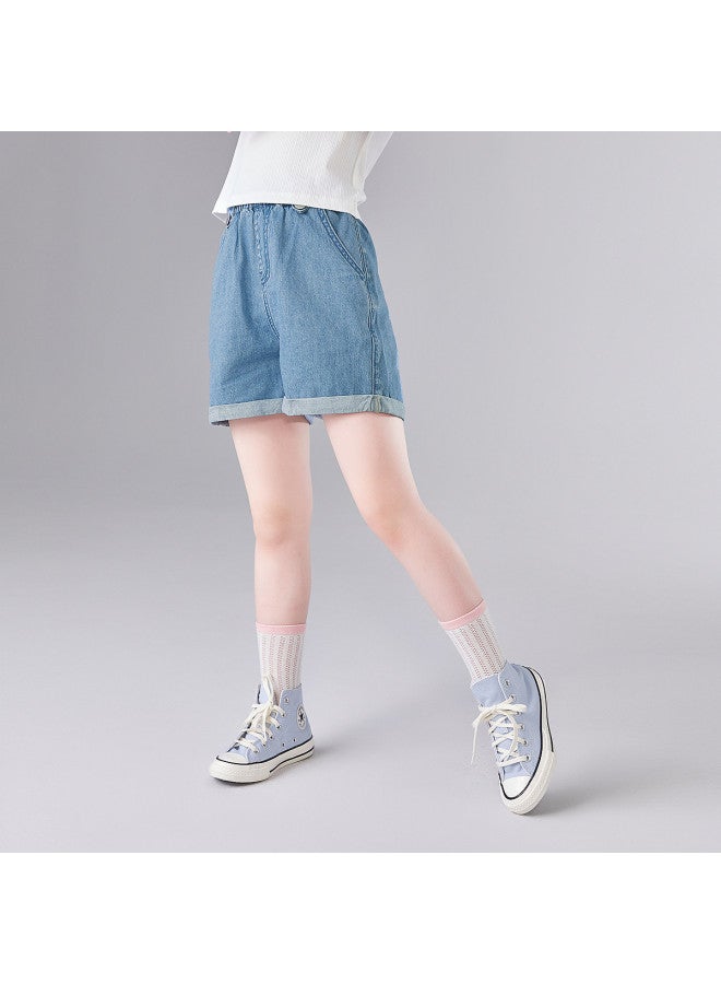 DEESHA 【rolled Hem Denim Shorts】بنطلون صيفي وخريفي رفيع عارضة للفتيات للأطفال بعمر 25 - Image 4