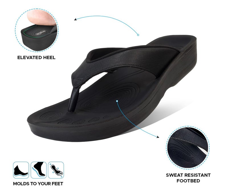 AEROTHOTIC Comfy Flip Flops for Women with Arch Support Orthotic Footbed Stylish Faux Leather Padded Straps with Soft Toe Post & Non-Slip Sole Slip On Casual Indoor and Outdoor Ladies Sandals (Matt Black, Size 7) - Image 4