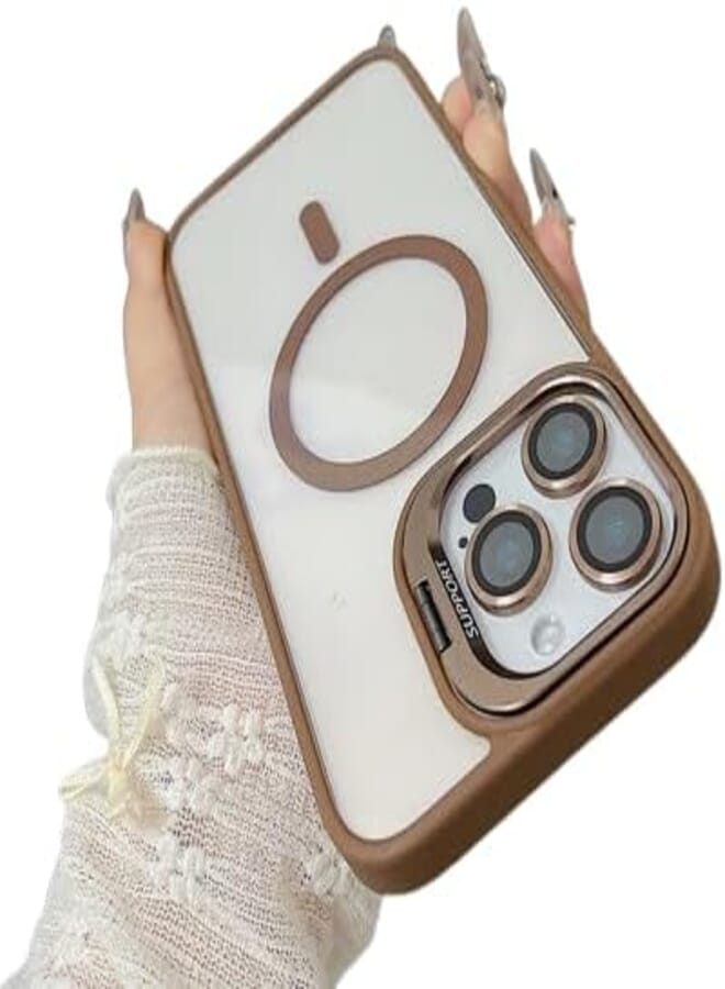 Next Store Magnetic Phone Case with Built-in Lens Holder Compatible with iPhone 16 Pro Max Anti-Scratch Shockproof Full Body Protection Case Cover (Brown)