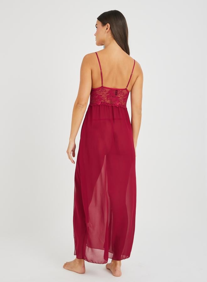 Styli Styli Lace Detail Double Slit Mesh Slip Dress with Briefs - Image 3