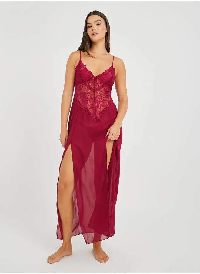 Styli Styli Lace Detail Double Slit Mesh Slip Dress with Briefs