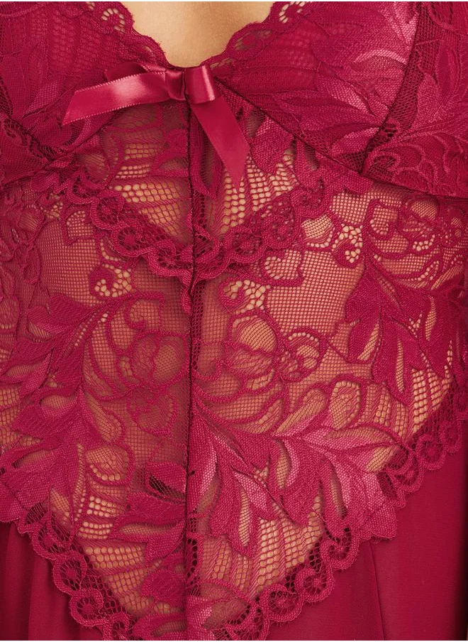 Styli Styli Lace Detail Double Slit Mesh Slip Dress with Briefs