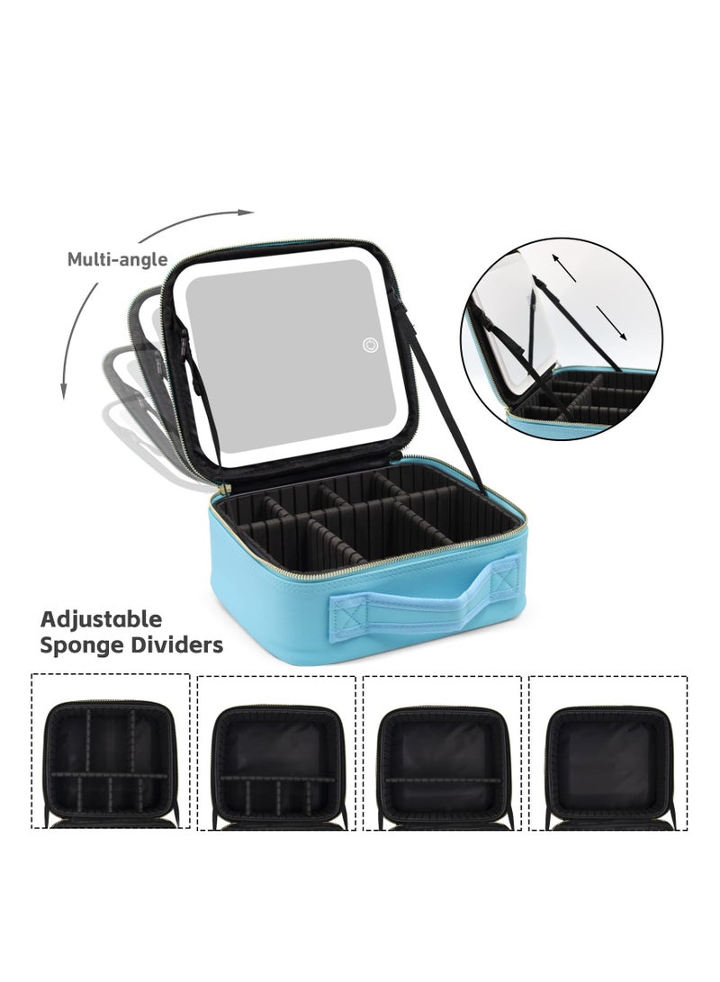 Loquat Makeup Bag with Mirror of LED Lighted and Detachable 10x Magnifying Mirror, Cosmetic Bag Organizer with Adjustable Dividers (Blue) - Image 5
