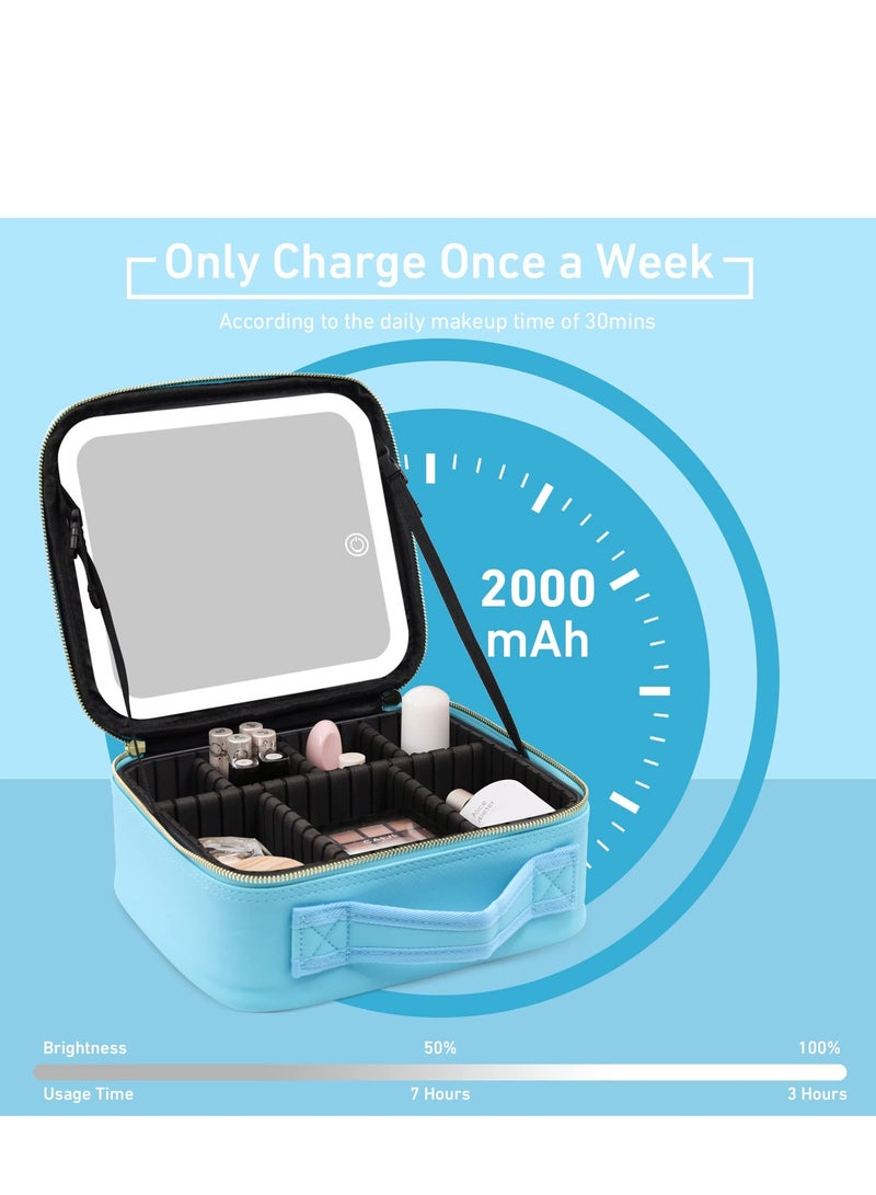 Loquat Makeup Bag with Mirror of LED Lighted and Detachable 10x Magnifying Mirror, Cosmetic Bag Organizer with Adjustable Dividers (Blue) - Image 4