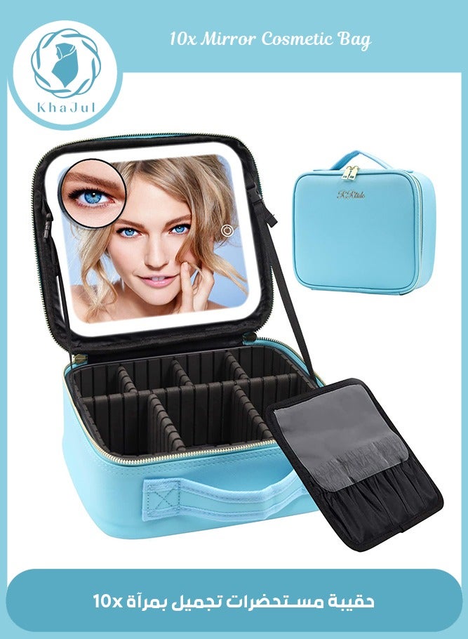 Loquat Makeup Bag with Mirror of LED Lighted and Detachable 10x Magnifying Mirror, Cosmetic Bag Organizer with Adjustable Dividers (Blue) - Image 1
