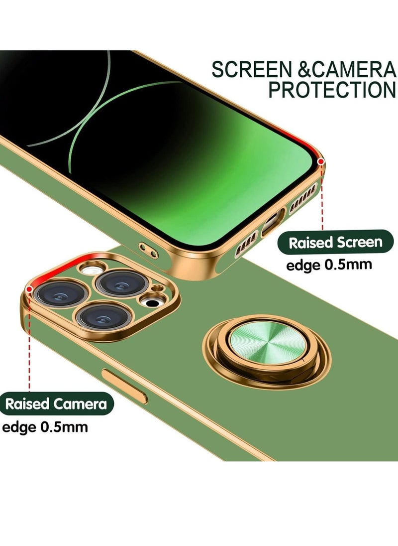 إيف جراب iPhone 15 Pro Max من السيليكون الناعم المقاوم للصدمات ببطانة ذهبية فاخرة وحامل حلقي مغناطيسي قابل للدوران وغطاء حماية كامل للكاميرا لهاتف iPhone 15 Pro Max (iPhone 15 Pro Max، ماتشا جرين) - Image 2