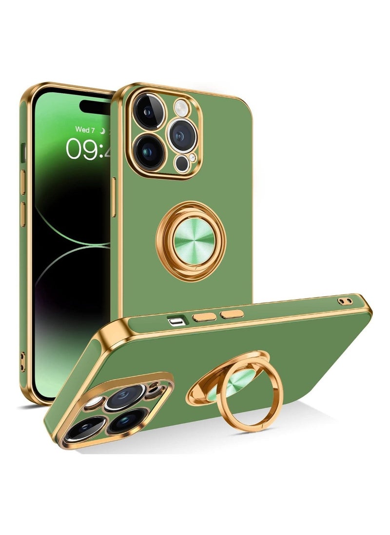 إيف جراب iPhone 15 Pro Max من السيليكون الناعم المقاوم للصدمات ببطانة ذهبية فاخرة وحامل حلقي مغناطيسي قابل للدوران وغطاء حماية كامل للكاميرا لهاتف iPhone 15 Pro Max (iPhone 15 Pro Max، ماتشا جرين) - Image 1