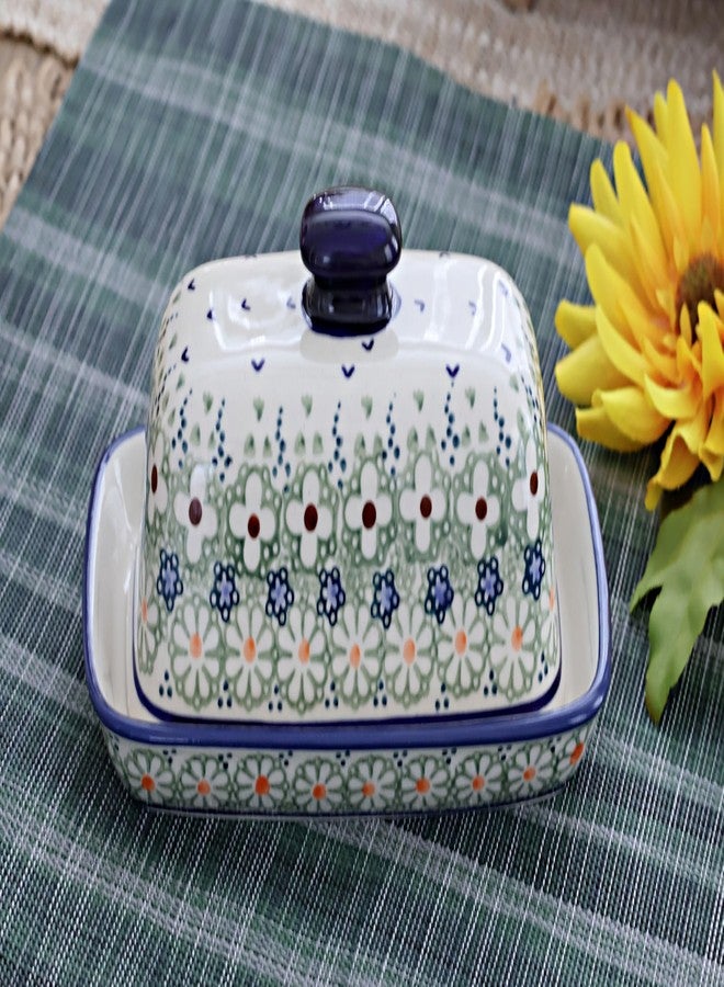 Blue Rose Pottery طبق زبدة من الخزف البولندي "بلو روز" - بنقشة زهرة الأقحوان الخضراء - يتسع لقطعة زبدة واحدة - طبق زبدة لتنظيم وتخزين الزبدة على سطح الطاولة - Image 2