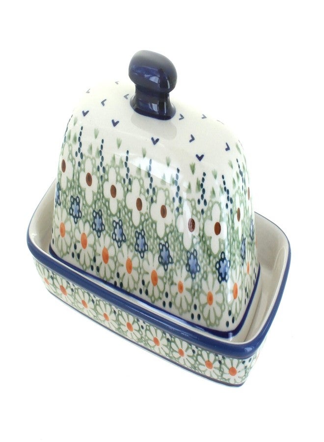 Blue Rose Pottery طبق زبدة من الخزف البولندي "بلو روز" - بنقشة زهرة الأقحوان الخضراء - يتسع لقطعة زبدة واحدة - طبق زبدة لتنظيم وتخزين الزبدة على سطح الطاولة - Image 1