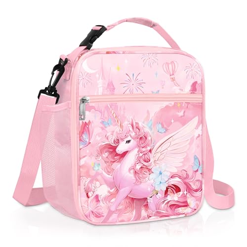 Clastyle Princess Insulated Kids Lunch Bag Firework Large Thermal Cooler Bag for Girl Picnic School Lunch Box TotePink Unicorn Angle - Image 1