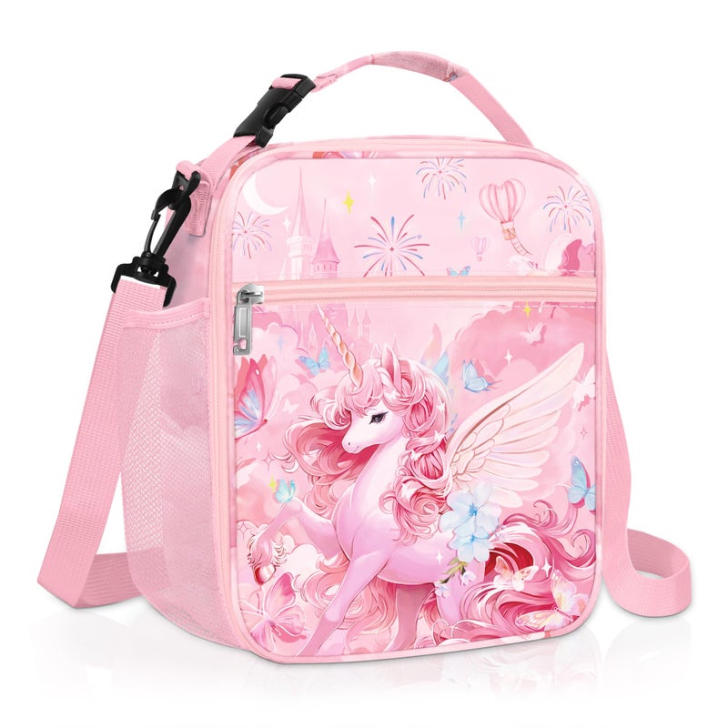 Clastyle Princess Insulated Kids Lunch Bag Firework Large Thermal Cooler Bag for Girl Picnic School Lunch Box TotePink Unicorn Angle - Image 2
