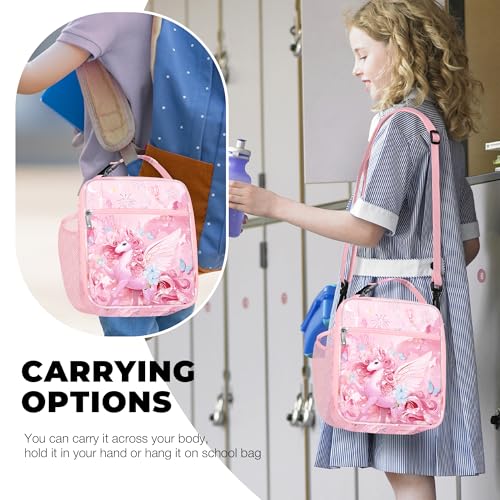 Clastyle Princess Insulated Kids Lunch Bag Firework Large Thermal Cooler Bag for Girl Picnic School Lunch Box TotePink Unicorn Angle - Image 3