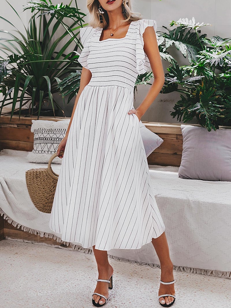 Miessial Womens Summer Midi Smocked Dress 2025 Elegant Square Neck Striped Linen Materity Dress Boho Beach Wedding Guest Dresses with Pockets White,S - Image 2