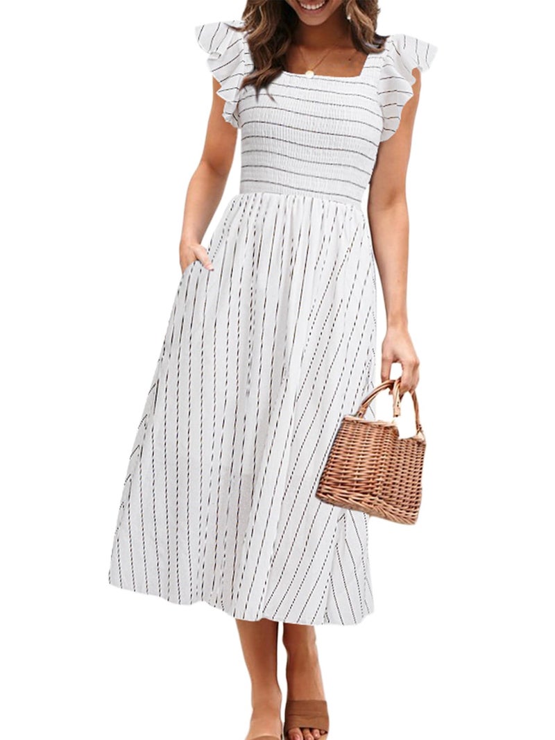 Miessial Womens Summer Midi Smocked Dress 2025 Elegant Square Neck Striped Linen Materity Dress Boho Beach Wedding Guest Dresses with Pockets White,S - Image 1