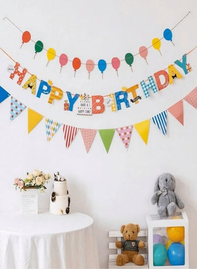 Birthday decoration banner, 3 pieces, featuring a "Happy Birthday" phrase design and a vibrant balloon banner. Perfect for birthday parties. Length: (250 cm). - Image 2