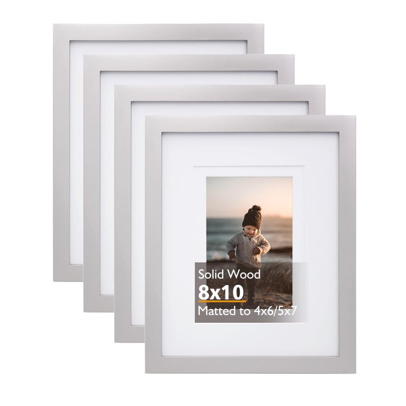 KINLINK 8x10 Picture Frame Light Grey Solid Wood Frames with Acrylic Plexiglass for Pictures 4x65x7 with Mat or 8x10 without MatTabletop and Wall Display Photo Frame Set of 4