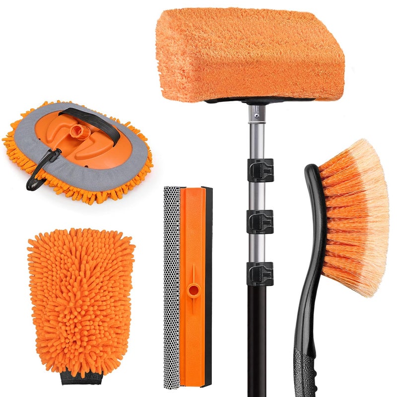 ARTIPOLY 20ft Reach Car Wash Brush with Long Handle-Car Cleaning Kit with 4-12FT Extension Pole, Ultimate RV,Truck Wash Set with Soft Brush, Tire Brush, Window Squeegee, Mitt, Microfiber Cleaning Mop - Image 1