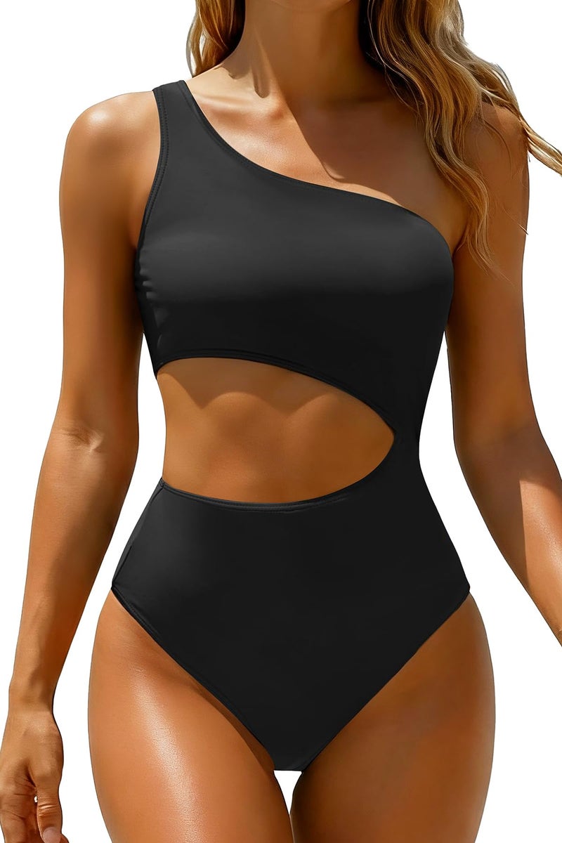 Yonique Women's One Piece Swimsuit- One Shoulder Bathing Suit Cutout Tummy Control Swimwear Black M - Image 1