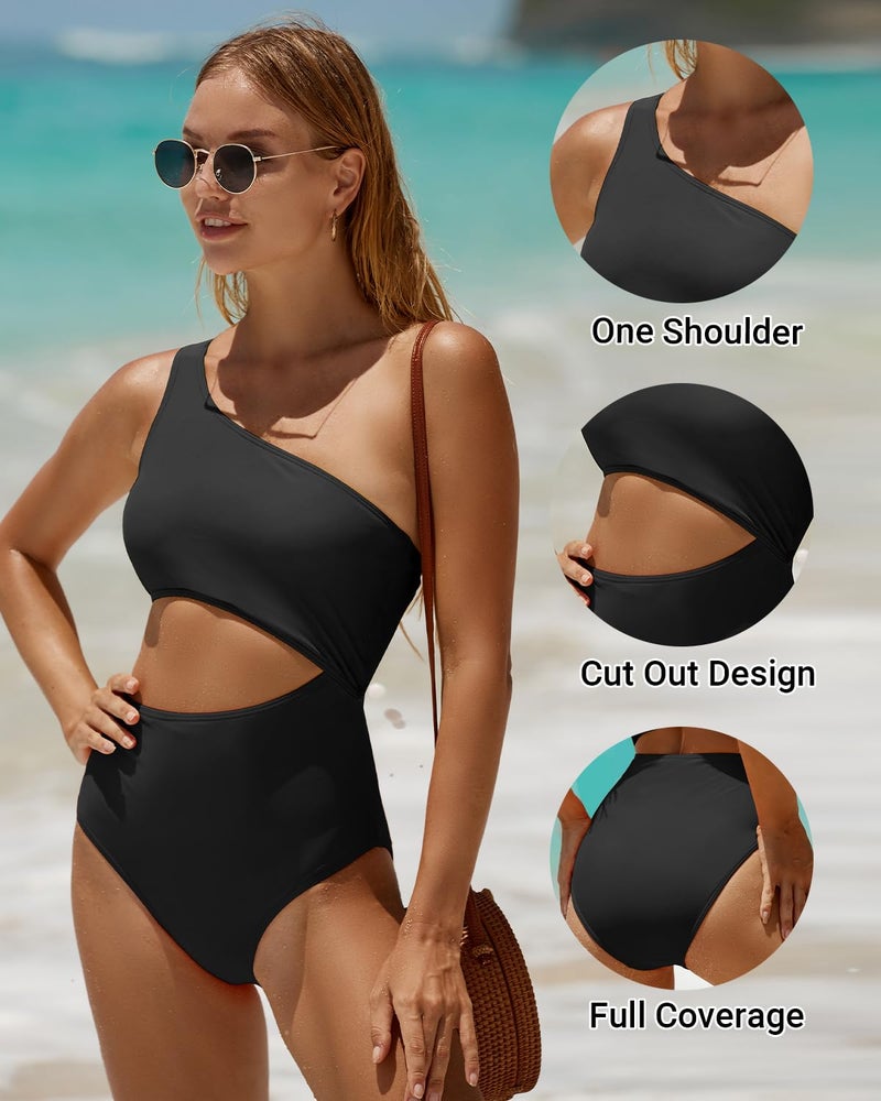 Yonique Women's One Piece Swimsuit- One Shoulder Bathing Suit Cutout Tummy Control Swimwear Black M - Image 4