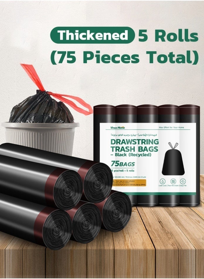 Vmax 75 PCS Thickened Black Drawstring Trash Bags 60x50cm, Leak-Proof Heavy Duty Garbage Bags, HDPE Recycled Kitchen Bin Liners, 5 Rolls x 15 Bags for Home, Office & Bathroom - Image 1