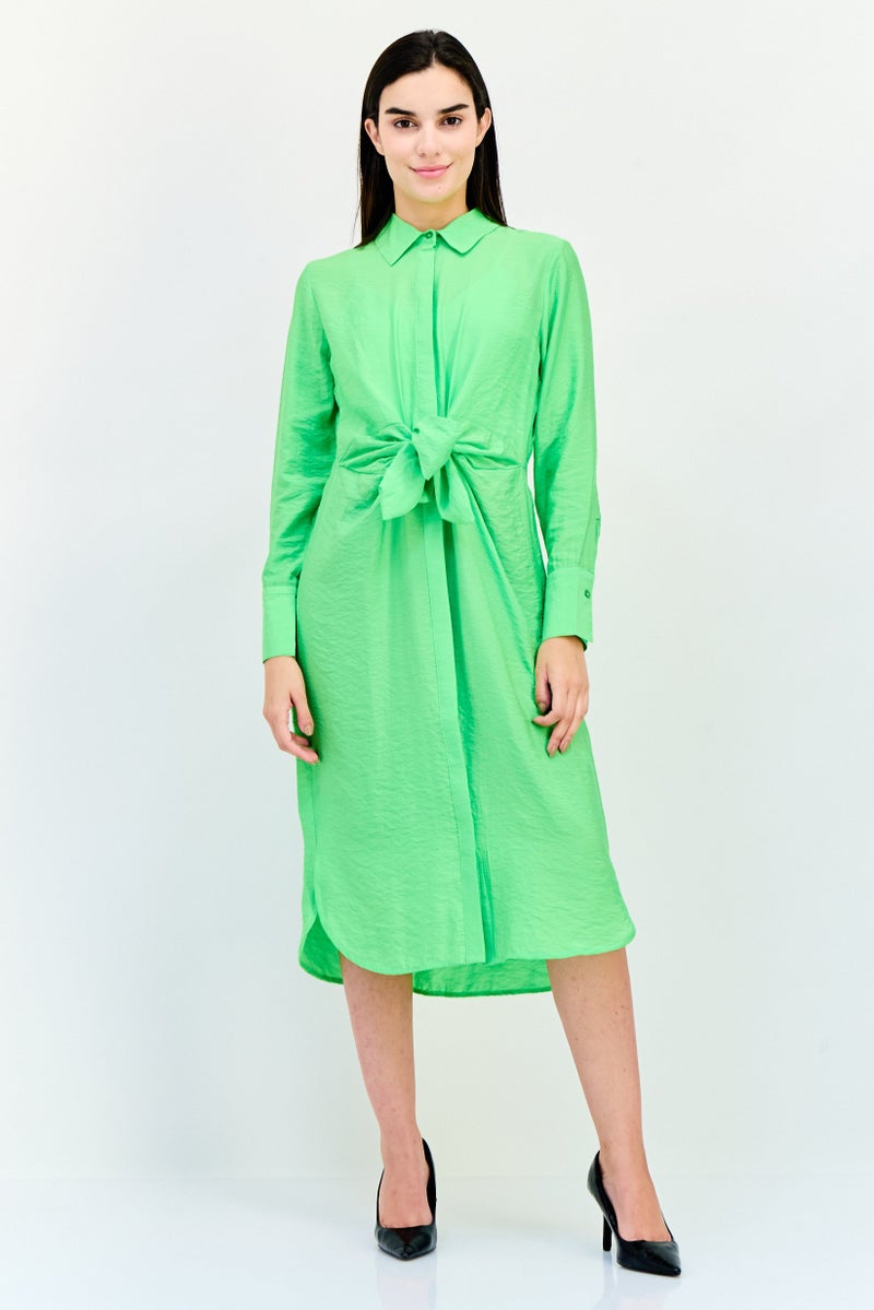 bebe Women Plain Tie Waist Midi Dress, Lime Green - Image 1